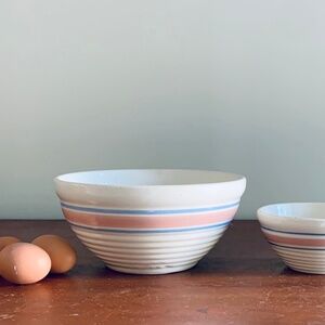Vintage Oven Proof USA cream off white ceramic pink blue striped stripe bowl